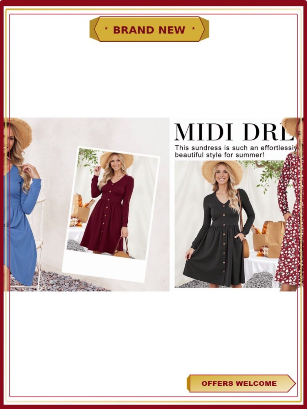 Long Sleeve V Neck Button Floral Midi Dress with Pockets - Picture 5 of 7